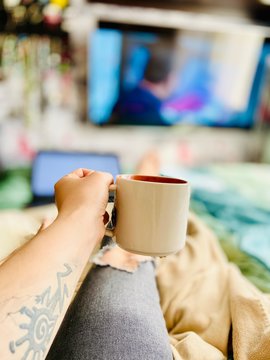 Mobile photo. Girl in self-isolation.