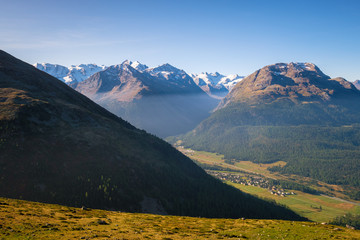 Panoramic view from Muottas Muragl (Graubünden, Switzerland) of Pontresina and Val Roseg. It is a viewpoint accessible by a funicular railway, and includes a hotel and restaurant