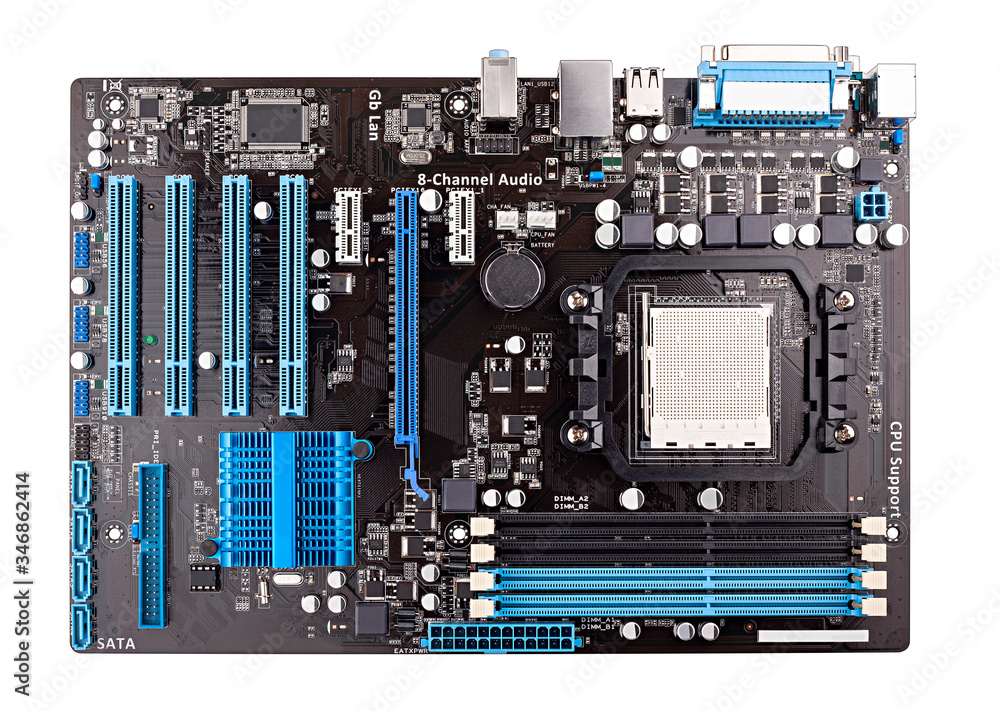 Poster computer mainboard or motherboard with blue cpu sockets of a pc isolated white background. pc hardwa
