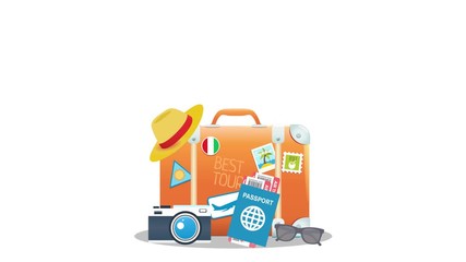 Orange vintage suitcase with stickers and different travel elements isolated on white background reveal. Tourism concept banner. Flat design video concept with alpha channel.