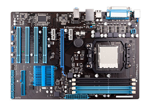 computer mainboard or motherboard with blue cpu sockets of a pc isolated white background. pc hardware concept - Powered by Adobe