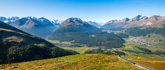 Panoramic view from Muottas Muragl (Graubünden, Switzerland) of Pontresina, Val Roseg, Celerina, the Upper Engadine Valley and the four Upper Engadine Lakes (Champfer, St. Moritz, Silvaplana, Sils)