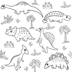 seamless vector pattern in black and white on a white background with various cute cartoon dinosaurs, palm trees, leaves. for Wallpaper, printing on fabric, paper, for children's coloring books