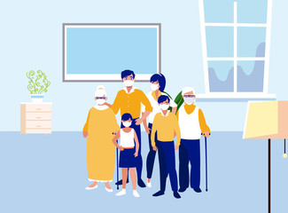 Family with masks at home vector design