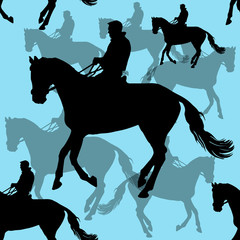 endless pattern, silhouettes of sports horses and riders isolated on a blue seamless background, decorative pattern, Equestrian sports
