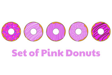 Set of pink donuts. Template for background, banner, card, poster with text inscription. Vector EPS10 illustration.