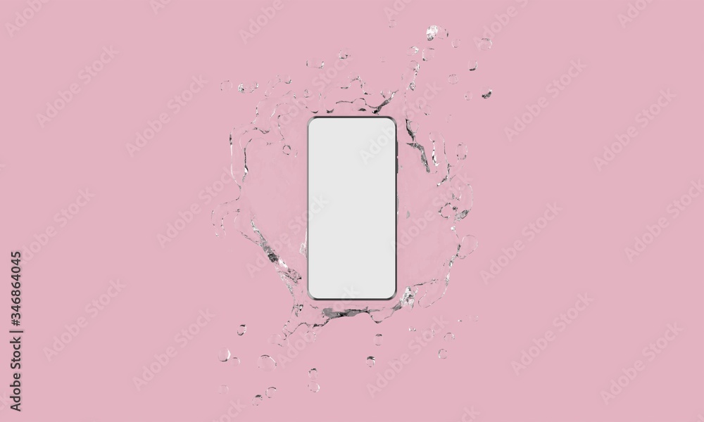 Poster 3d rendering of touch screen mobile phone with water splash on isolated pink background.