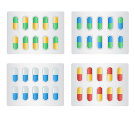 Capsule in Blister Pack. Different colours yellow, green, blue, red. pills for illness and pain treatment. Package of tablets. Medical drug, vitamin, antibiotic. Healthcare and pharmacy.