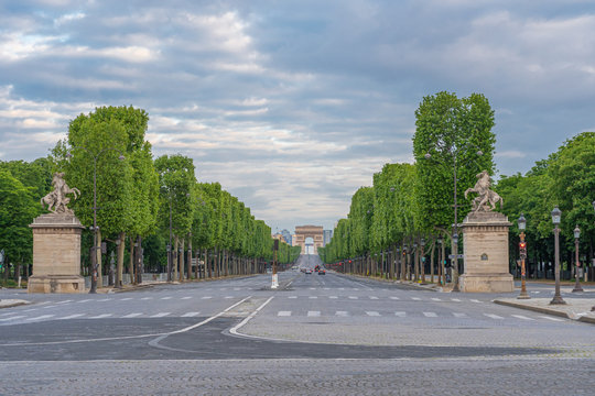 Paris, France - 05 06 2020: View of the Avenue des Champs Elysées from the Place de la Concorde during confinement against coronavirus