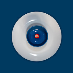 Blue backgroud with white and blue circles and a red tomate in the center.