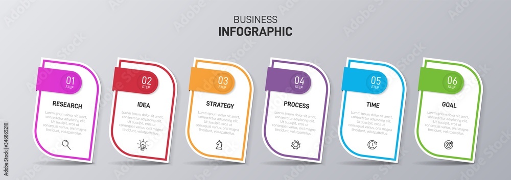 Poster concept of arrow business model with 6 successive isometric steps. six colorful graphic elements. ti
