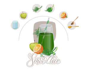 Green fruits and vegetables mix in glass jar. Detox cocktail for healthy dieting.