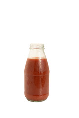 Isolated White Background with Clipping Path Organic Fresh Homemade Tomato Juice in Glass Bottle for Healthy, Weigh Control and Vegetarian