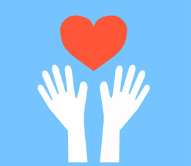 Hands of a man and a big red heart on a blue background. Sign. Vector illustration.