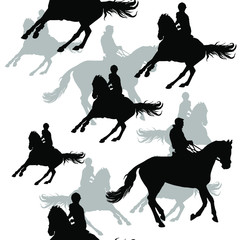 silhouettes of sports horses and riders isolated on a white seamless background, decoration pattern, Equestrian sports, Show jumping