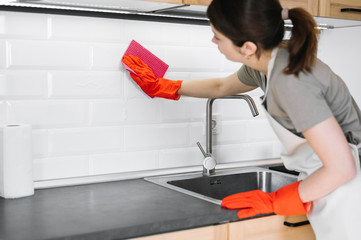 Woman cleaning with rag the kitchen. Home clean