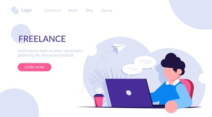 Freelancer or office worker sits at a desk with a laptop and a mug of coffee. Distance work from home. Modern flat vector illustration.