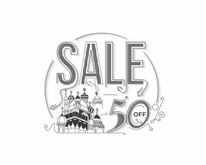 50% OFF Sale Discount Banner. Eid Mubarak celebration- Mosque. Sale banner, scroll,  sticker, badge, price tag, poster. Vector illustration.