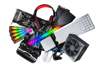computer component collage concept. Various pc hardware like motherboard cpu keyboard graphics card RAM SSD and RGB LED lights isolated white background