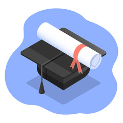 Vector isometric illustration of student graduation cap or hat with certificate scroll as concept of studying and education. - 346867211
