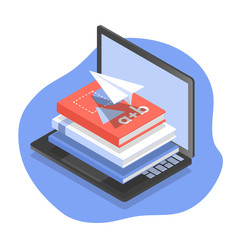 Vector isometric illustration of computer, textbooks and paper airplane as concept of distance learning and online education. - 346867258