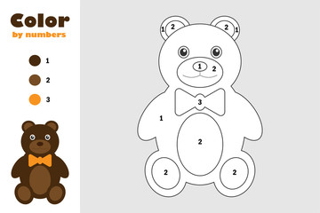 Bear toy in cartoon style, color by number, education paper game for the development of children, coloring page, kids preschool activity, printable worksheet, vector illustration