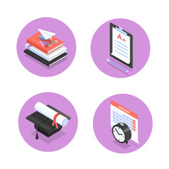 Vector set of isometric icons for education process in school, college or university, such as tests, graduation, lesson schedule and textbooks. - 346867409
