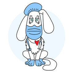 White dog doctor in medical clothes - mask, gloves, hat and endoscope. Fighting viruses and COVID-19