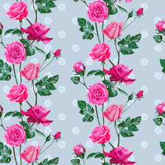 Seamless pattern of pink flowers roses and leaves.