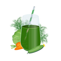 Green fruits and vegetables mix in glass jar. Detox cocktail for healthy dieting.