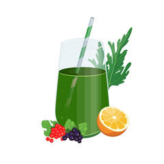 Green fruits and vegetables mix in glass jar. Detox cocktail for healthy dieting.