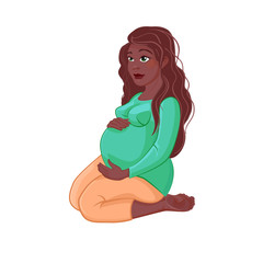 Cute dark-skinned pregnant woman Cartoon Character banner. A pregnant young brunette girl.