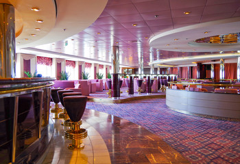 Colorful Art deco design inspired ocean liner lounge on MSC Cruises cruiseship or cruise ship