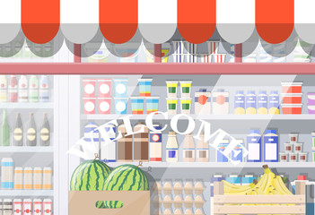 Grocery store front window. Retail facade with awning. Glass showcase of boutique. European style shop exterior. Commercial, property, mall, market or supermarket. Flat vector illustration