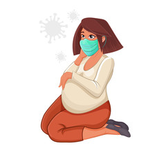 Cartoon Character female pregnant figure in a protective mask. Stop the coronavirus. Self-isolation.