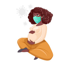 Cartoon Character female pregnant figure in a protective mask. Stop the coronavirus. Self-isolation.