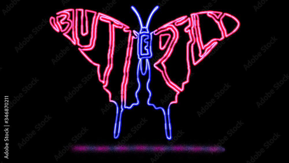 Poster text butterfly is written in the shape of a butterfly with neon light effect. animal text outline wi