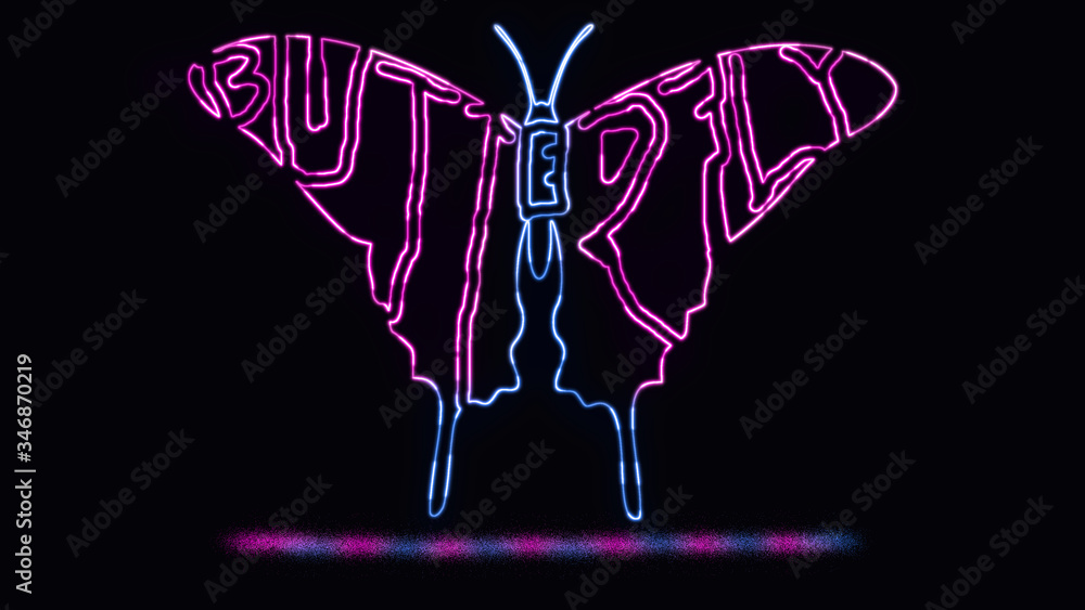 Poster text butterfly is written in the shape of a butterfly with neon light effect. animal text outline wi
