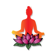 Girl sitting in a lotus yoga pose with a lotus flower