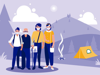 Family with masks in front of landscape with camping tent vector design