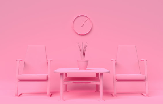 Abstract pink image with two armchairs and a coffee table and a  clock on the wall. 3D illustration