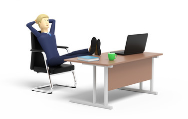 Man reclines on a back of an armchair and puts his legs on a desk. 3D illustration
