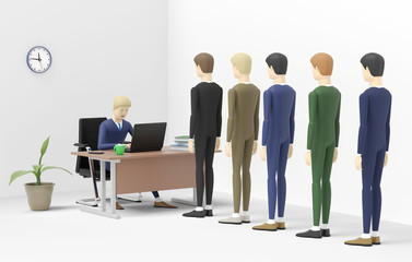 People stand in the queue to the clerk in an office. 3D illustration