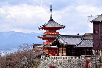 View of the temple and mountains in Kyoto