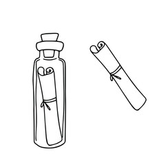 Message in a bottle. Vector. Freehand doodle style. Isolated on a white background.