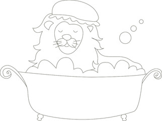 Vector black and white outline contour. Silhouette of a lion. Leo takes a bath.
