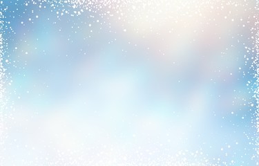 Wonderful winter blue light background decorated snow frame pattern. Glare blurred texture. Sun rays.