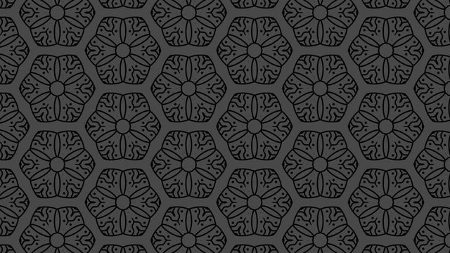 Graphic motif in black and white composed of floral motifs with stroboscopic and hypnotic effect, which rotates clockwise and increases in size