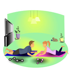 the family plays sports at home. a guy and a girl do exercises together. dumbbells and weights for a beautiful figure. vector illustration. fun fitness.