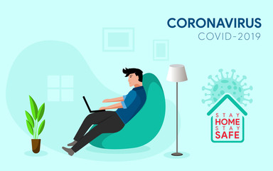 Man work from home. Self Quarantine Concept. COVID-2019 / Coronavirus awareness campaign illustration.